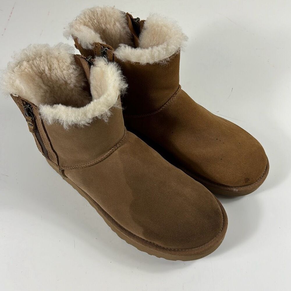 UGG Boots Womens 9 Classic Mini Bailey Double Bow Shearling Suede Brown 1118853
